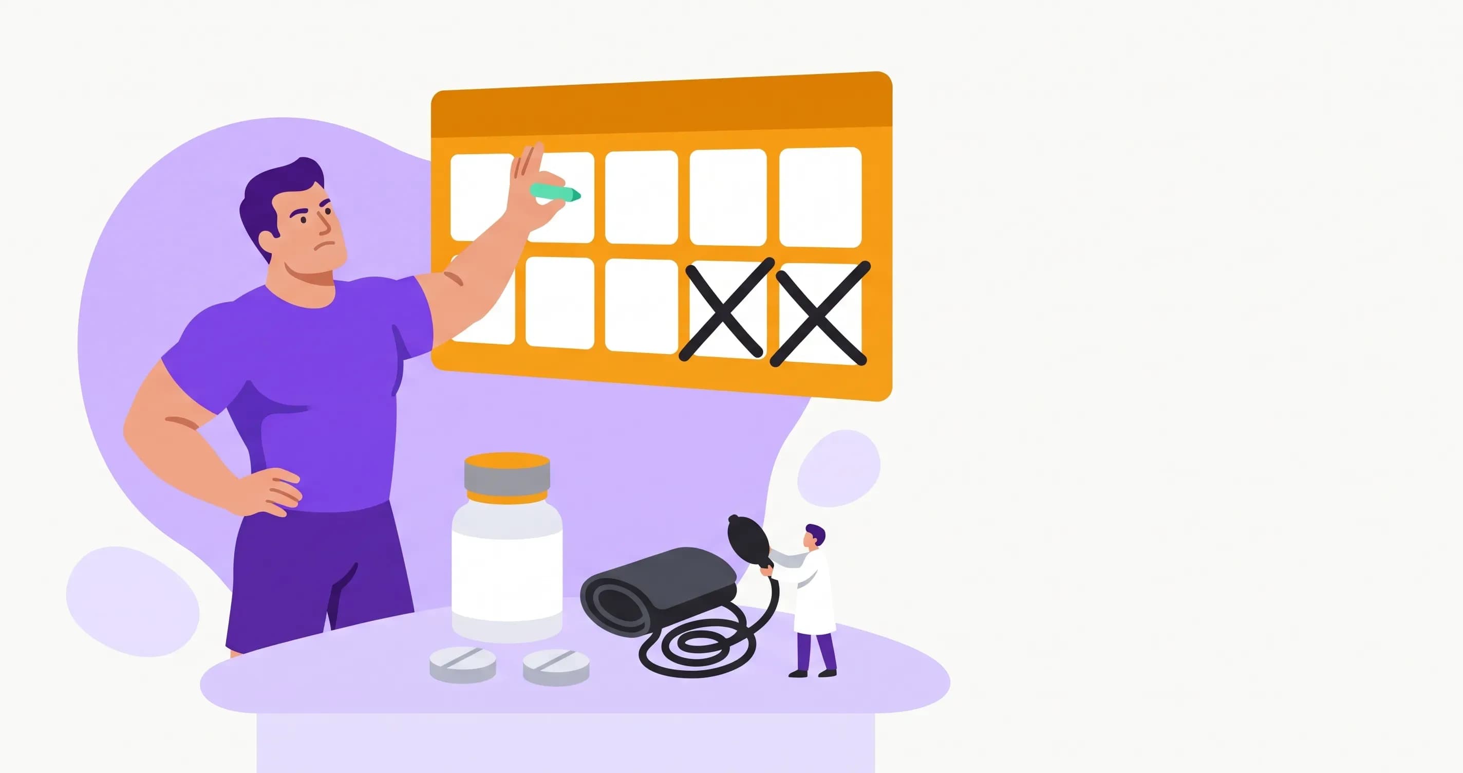 Muskulöser Athlet markiert einen großen Wandkalender für seine Dianabol-Kur, daneben Tablettendose und Blutdruckmanschette.