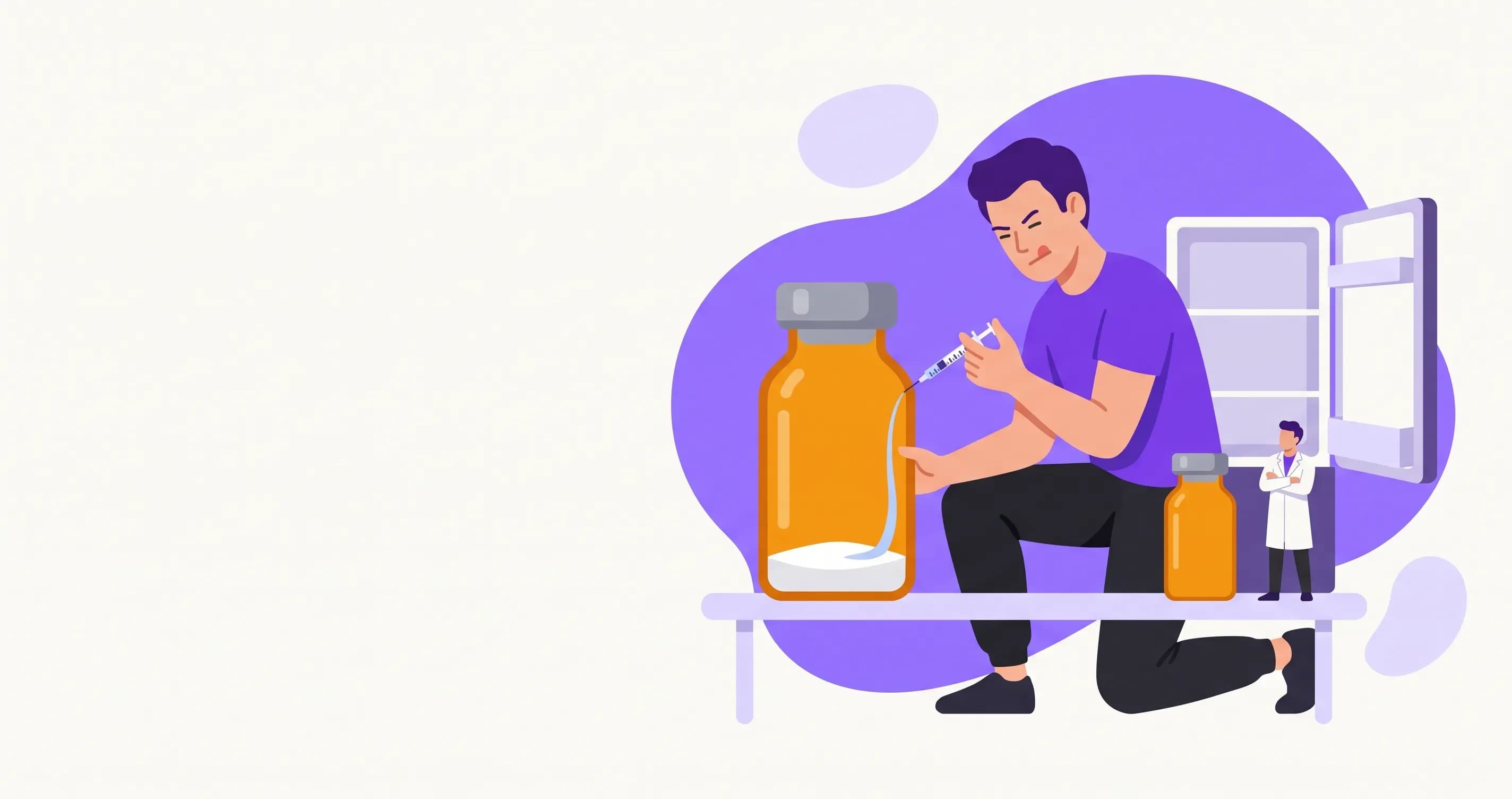 Mann lässt mit einer Insulinspritze Wasser an der Innenwand eines großen Peptid-Fläschchens herunterlaufen, daneben ein offener Kühlschrank.