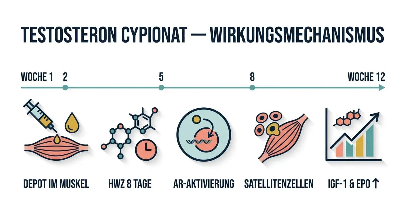 Testosteron Cypionat Wirkung — wie der Cypionat-Ester wirkt, wann die Effekte einsetzen und warum die 8-Tage-Halbwertszeit alles bestimmt