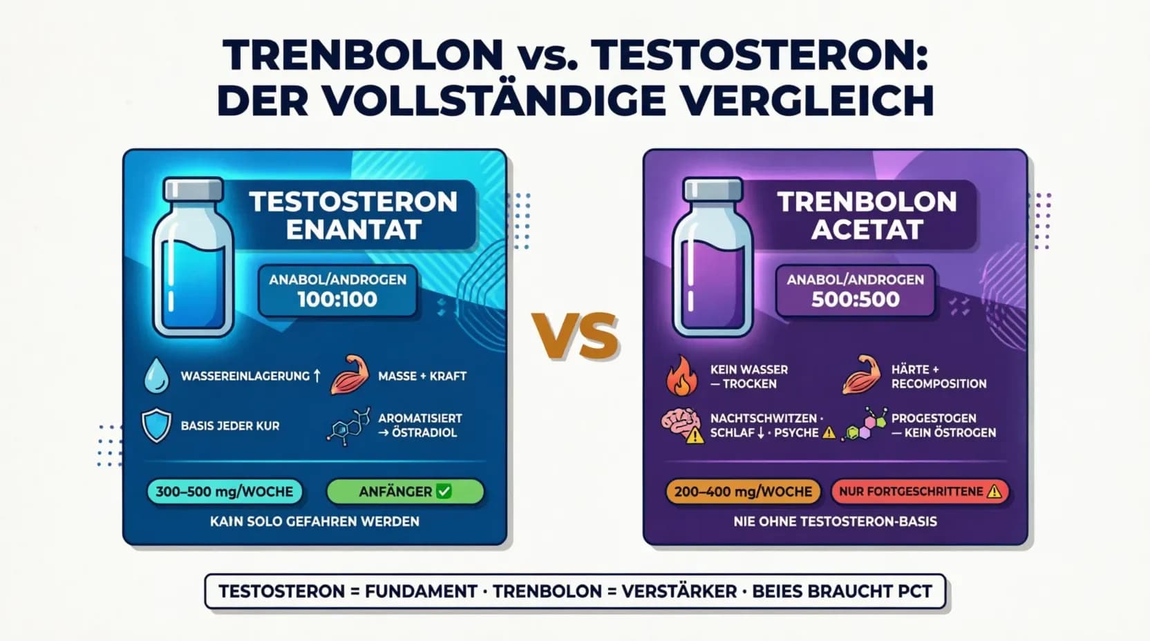 Trenbolon vs. Testosteron: warum „fünfmal stärker" nicht stimmt — und was der Vergleich wirklich zeigt